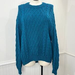 New Zealand Handknit Sweater Vintage Teal Chunky Cable Knit Fisherman Crew Neck